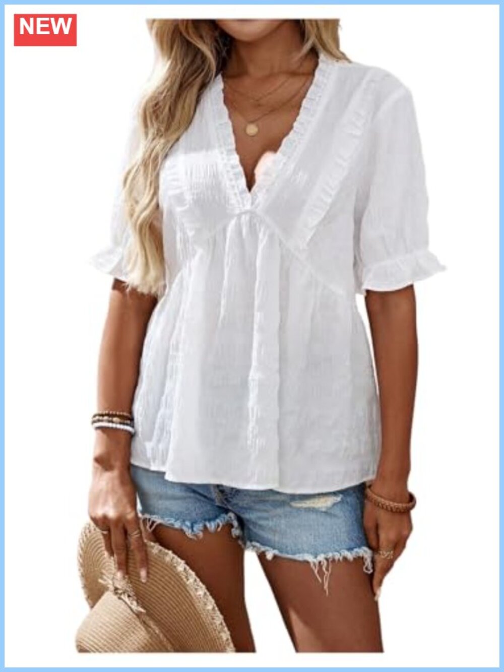 Womens Peplum Babydoll Ruffle Sleeve V Neck Flowy Boho Blouse Top